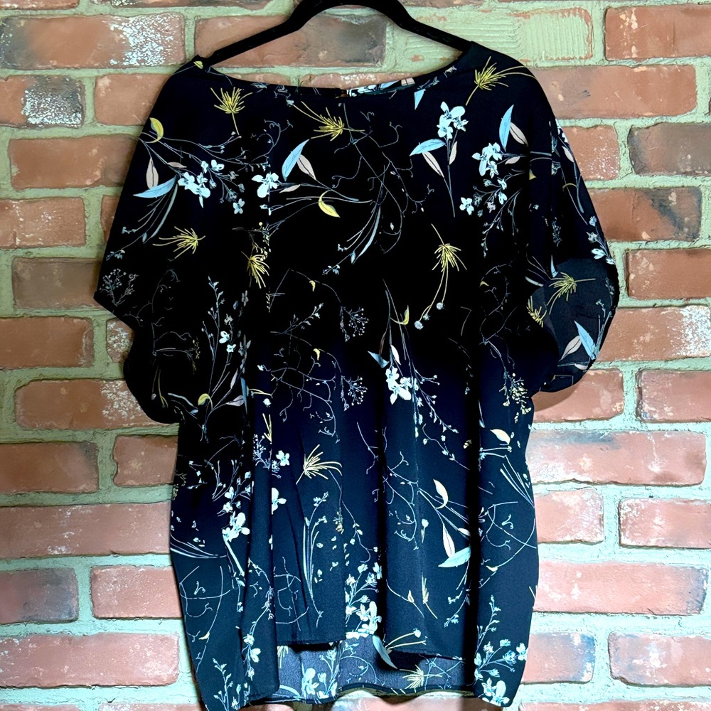 2X SHEIN black blouse with white and gold flower design